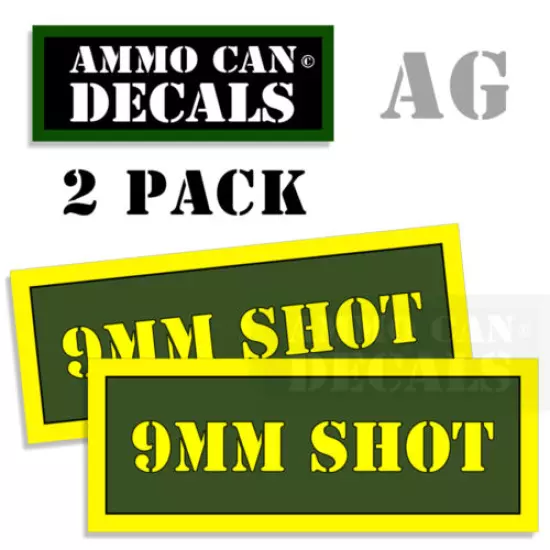 9MM SHOT Ammo Can Decals Army Green Yellow Vinyl Stickers 2 pack AG