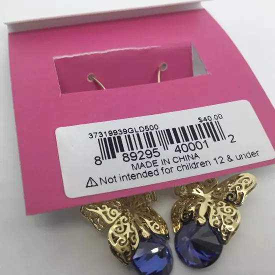 Betsey Johnson Filigree Butterfly Earrings Gold Tone Blue Cubic Zirconia NEW