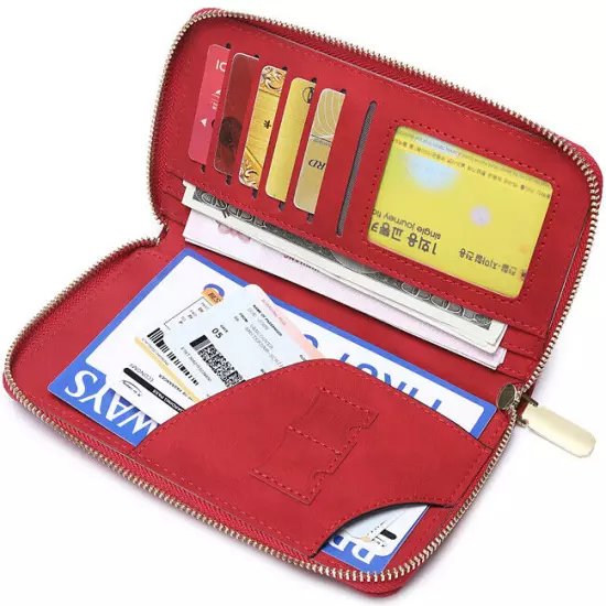 RFID Leather Travel Passport Case Cover Zipper Wallet Card Holder with Wristband