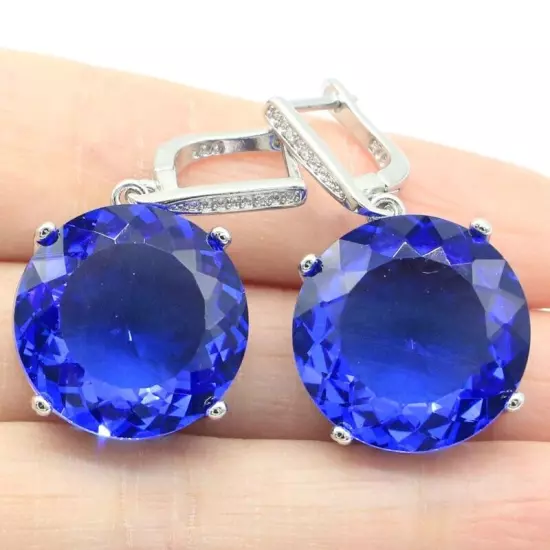 Big Gemstone Rich Blue Violet Tanzanite CZ Women Dating Silver Earrings 