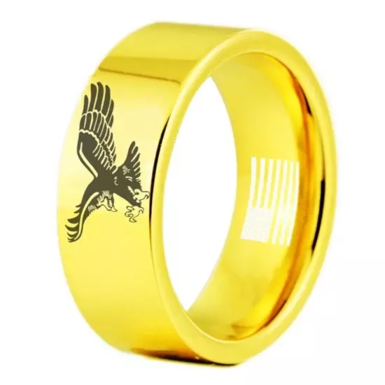 8MM Men Women Tungsten Carbide Ring Eagle with American Flag Comfort Fit Ring