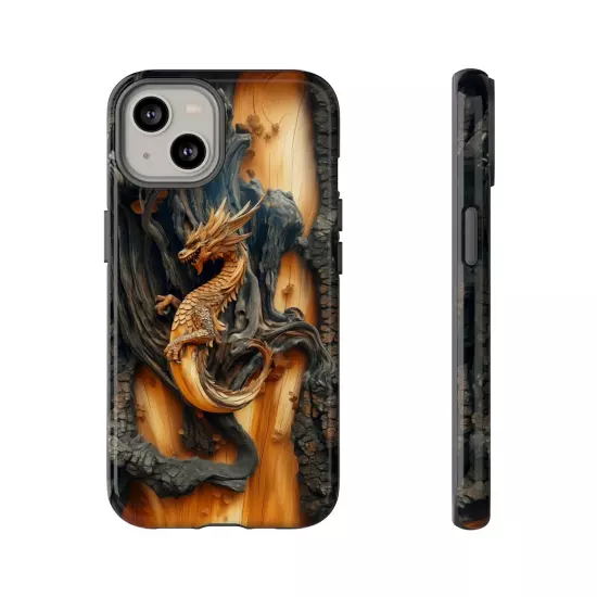 For iPhone, Samsung Galaxy, Pixel - Phone Case Cover - Carved Wood Dragon Print