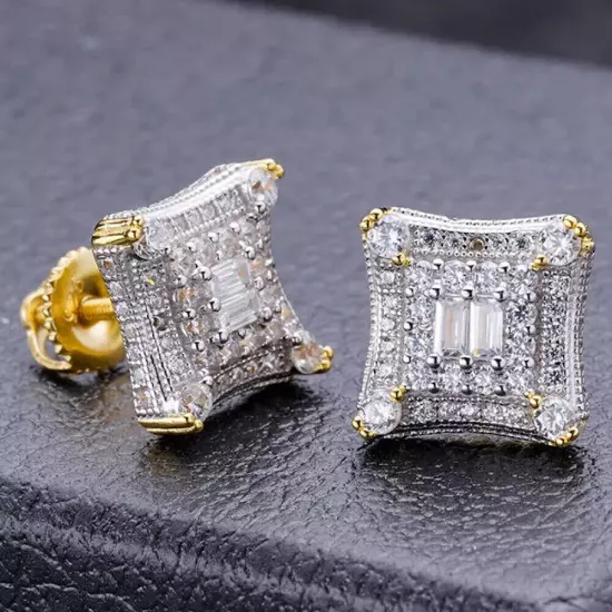 2Ct Lab Created Diamond Hip Hop Men's Earrings Large Square 14k Yellow Gold Over