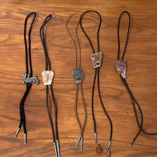 VTG Bolo Ties Stone Scorpion Cowboy Lizard Western Agate Leather Braided Cords