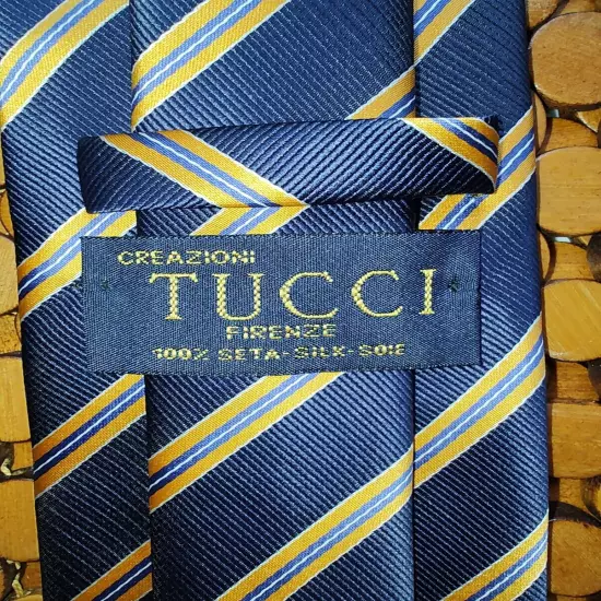 Creazioni Tucci Firenze Tie 100% Silk Blues And Yellow Striped Made in Italy EUC