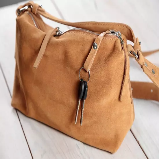 Brown Small Suede Tote Bag Crossbody Hobo Handbag Handmade Underarm Purse