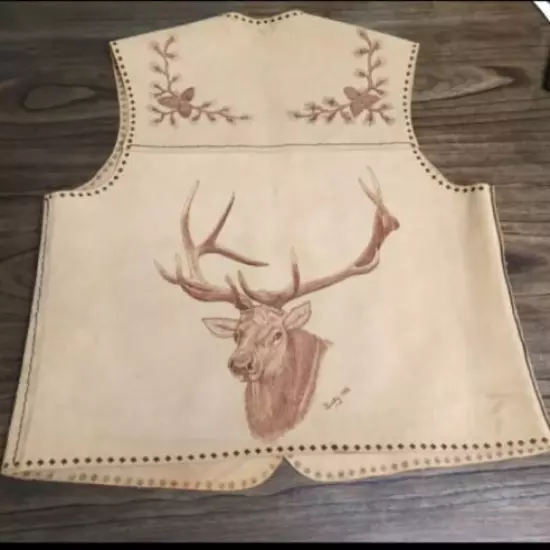 Unisex Handcrafted by Bussy 1988 Brown Suede Cowboy Vest Animal Print Adult Sz M