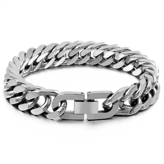 Heavy Black/Silver 316L Stainless Steel Curb Cuban Chain Bracelet for Cool Mens