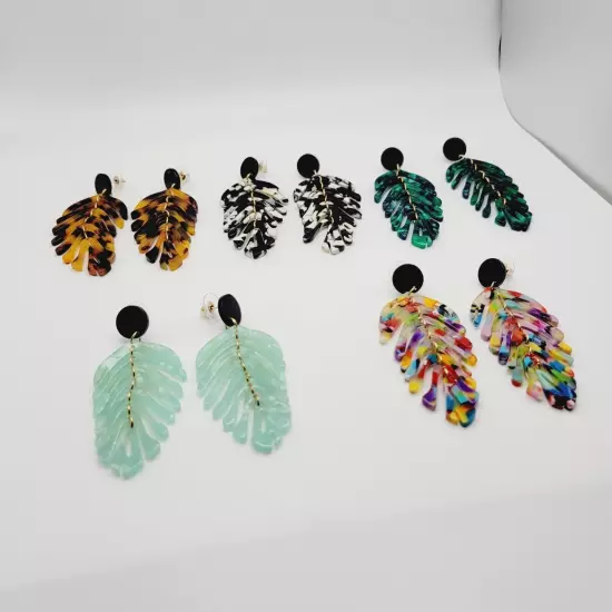 Leaf Shape Drop Dangle Earrings 5 Pair Set - Resin Acrylic Boho Women's Jewelry