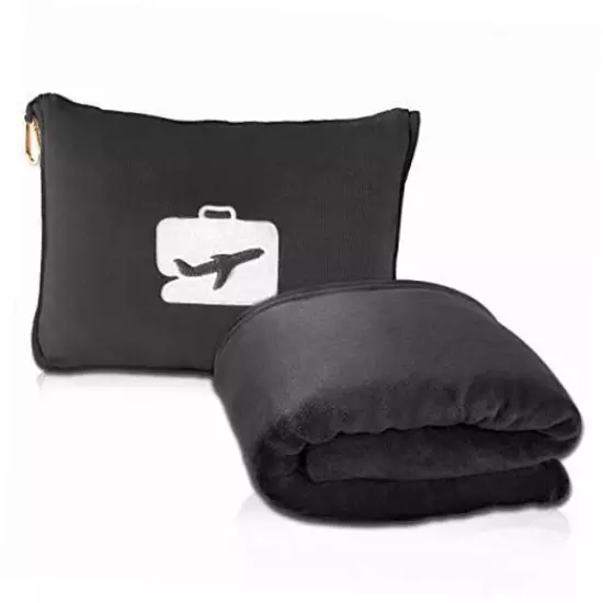  Travel Blanket and Pillow - Premium Soft 2 in 1 Airplane Blanket with Black