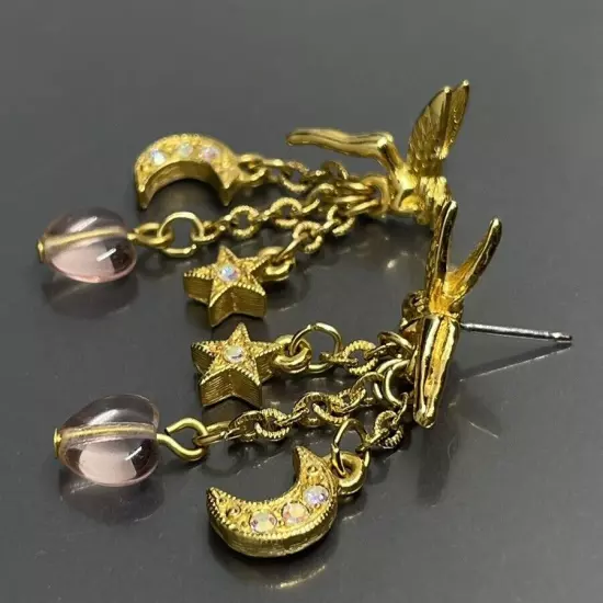 Kirks Folly Womens Pierced Dangle Earrings GoldTone AB Crystal Glass Heart 1.75”