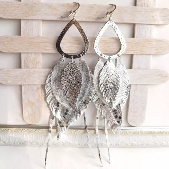 silver extra long leather feather earrings shine silver feather earrings