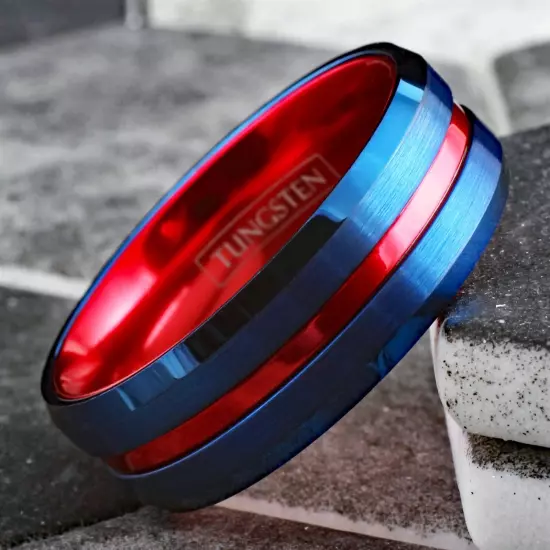 Blue Tungsten Carbide Men's Thin Red Line Wedding Band Ring - Superhero Colors