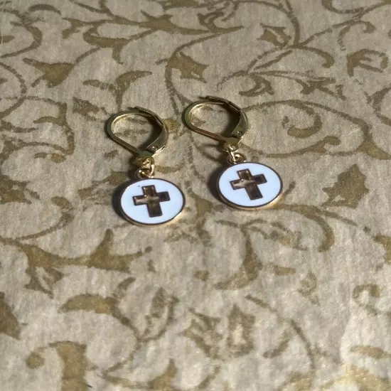 Cross Round White Earrings First Comunión Girls 