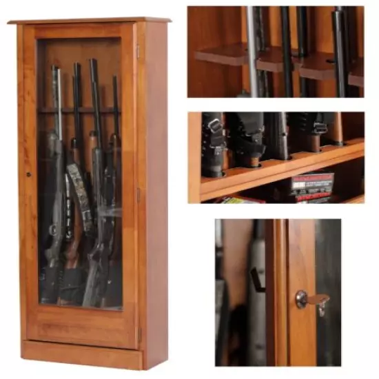 Gun Safe Cabinet 10 Rifles Wood Storage Locker Shotgun Firearm Lock Shelf Rack