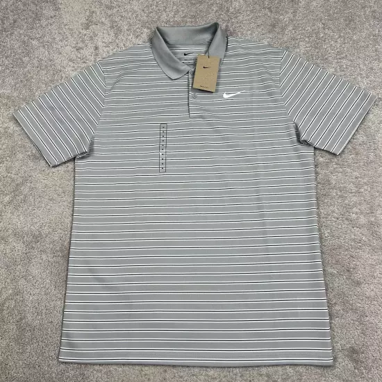 Nike Polo Shirt Men Medium Gray Black Stripe Dri-Fit Victory Golf DH0829-077 NWT