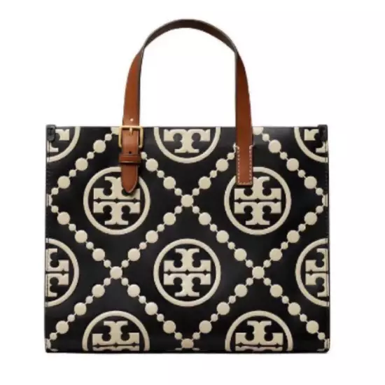 Tory Burch T Monogram Contrast Embossed Small Tote Black Cream New 150310