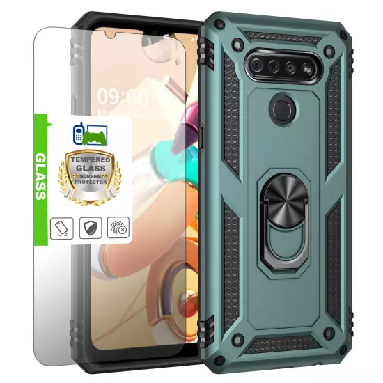 For LG K51 Q51 Reflect Case Shockproof Ring Stand Phone Cover w/ Tempered Glass