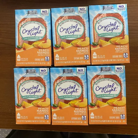 6 Boxes 10-Packet Crystal Light Peach Mango with Caffeine On The Go .7 oz