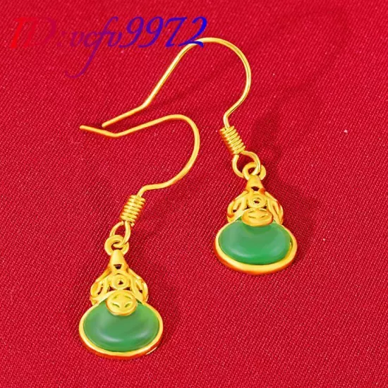 Natural Jade Gourd Earrings Real Jewelry Carved Gemstone Luxury 18K Gold Plated