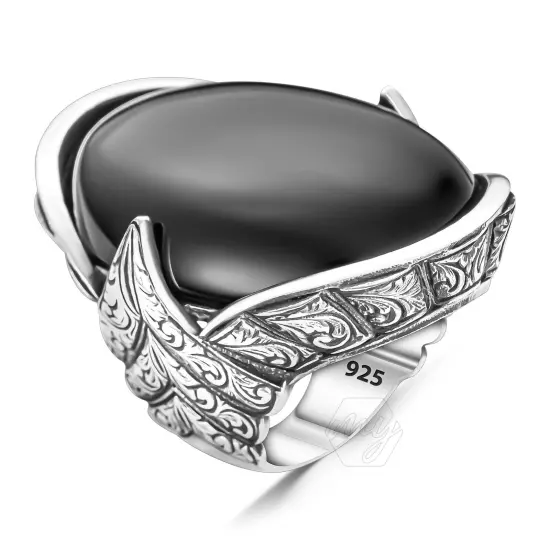 925 Sterling Silver Onyx Stone Engraved Design Turkish Handmade Huge Men's Ring