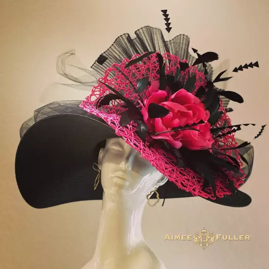 Kentucky Derby Hat Black White Organza Pale Pink Rose Flower Royal Ascot Del Mar