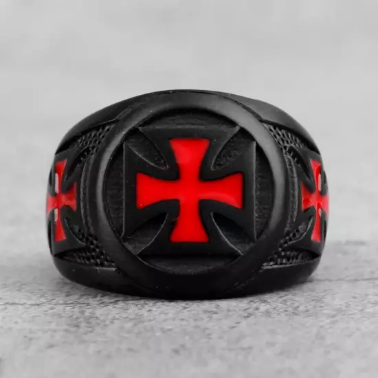 Red Cross Knights Templar Maltese Black Stainless Steel Mens Punk Biker Ring