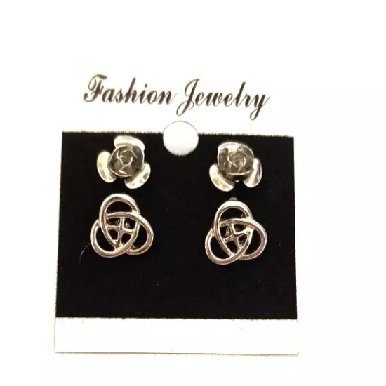 New Fashion Jewelry Women's 2 Pair Stud Earrings Silvertone Roses & Celtic Knots