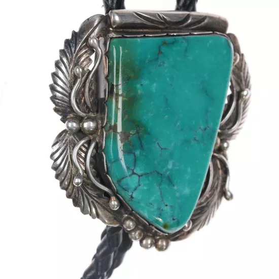 1980's AL Native American sterling high grade turquoise bolo tie