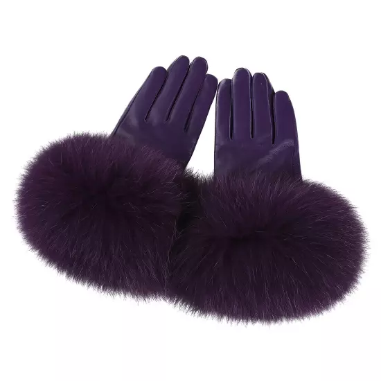 Women Genuine Lambskin Leather Gloves With Real Fox Fur Trim Cuff Winter Warm