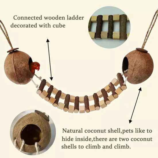 Coconut Bird Nest Hut with Ladder Hanging Birds Hide House Toy for Cage Natural 