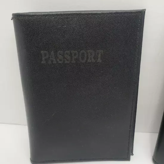 2 Matching Vintage Genuine Leather Black Passport ID Holder Travel Wallet 5.5"H