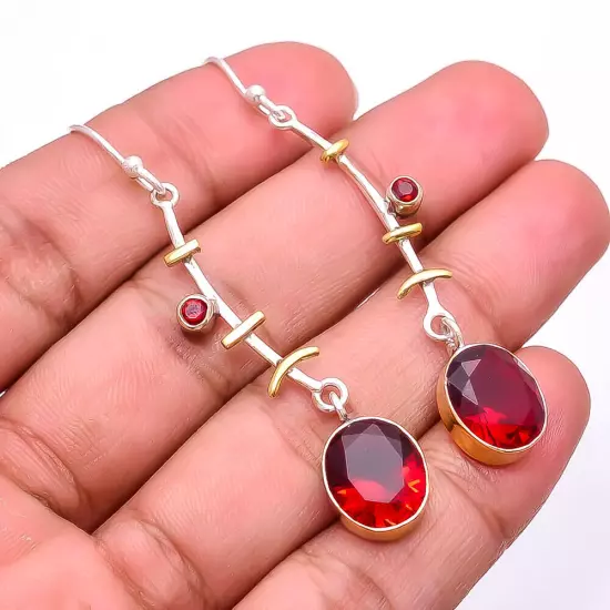 Red Garnet 925 Sterling Silver Two Tone Earring 2.34" E51