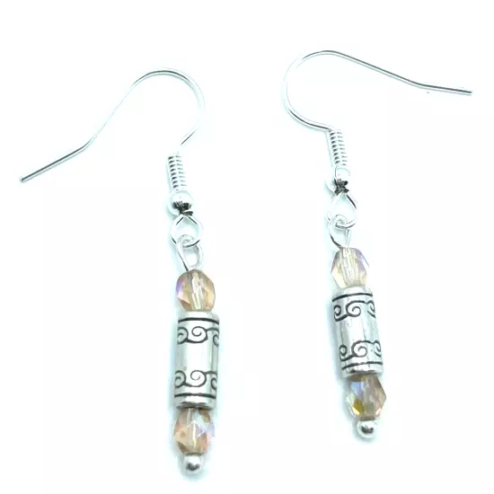 Brighton Gleam Etched Silver Cylinders & Peach Beads Dangle Custom Earrings