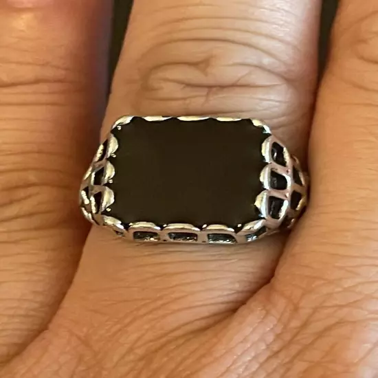 Trendy Black Obsidian Stone S925 Silver Plated Women Men Statement Ring Size 9.5