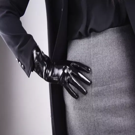 LATEX GLOVES Shine Leather Faux Patent Vegan PU 8" 21cm Short Basic Shine Black