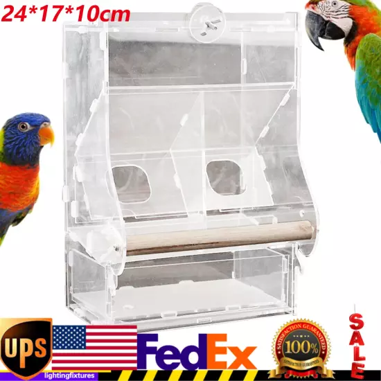 Clear Acrylic Bird Cage Feeder Double Hopper Wood Perches Automatic Feeder USA