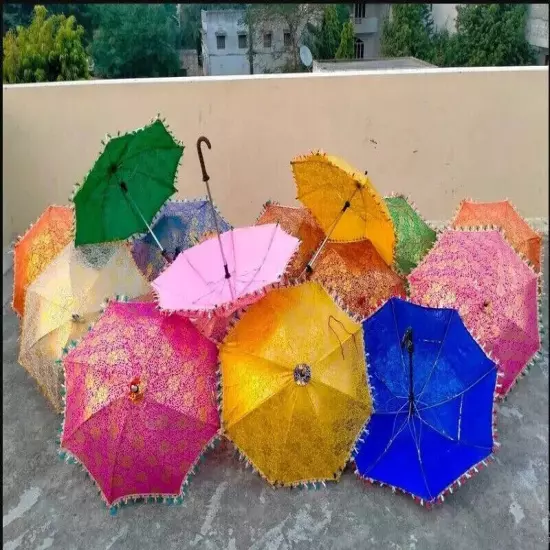 Indian 5pc Lot Decorative Hand Gold Printed Parasol Vintage Sun Shade Umbrella