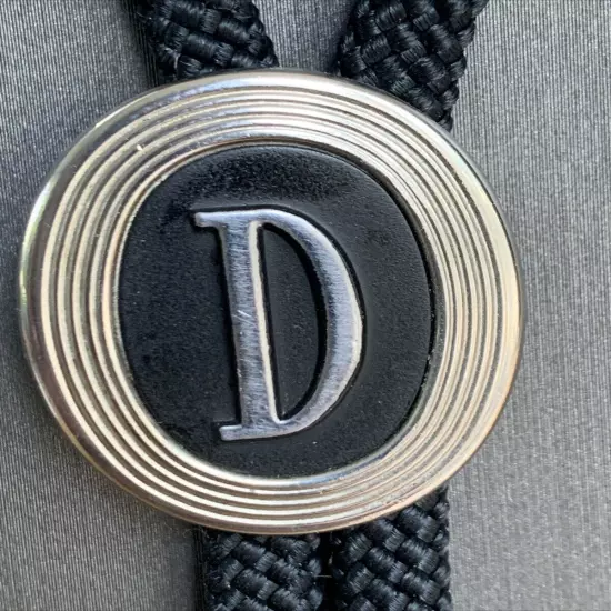 Vintage SWANK Letter D Bolo Tie Silver Tone Black Cord Country Western Wear