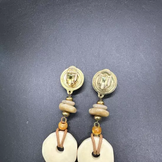 Vintage Costume Clip On Faux Amber & Bone Dangle Earrings 70s Boho Style