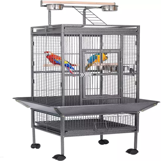 63" Wrought Iron Large Bird Flight Cage Rolling Stand African Grey Parrot Conure