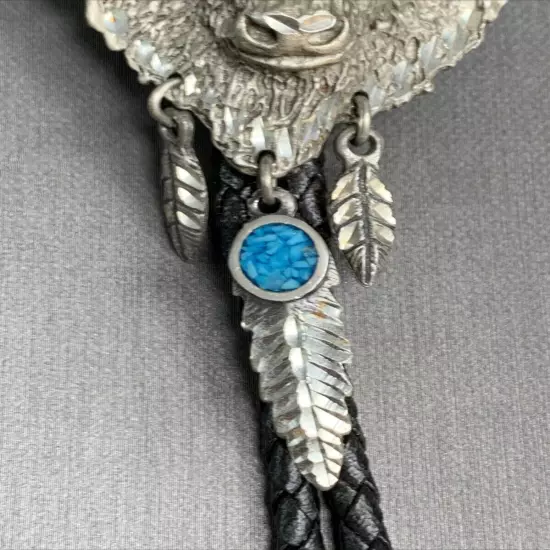 Vintage Native American Buffalo Bolo Tie Pewter Turquoise Unique Feather Aglets