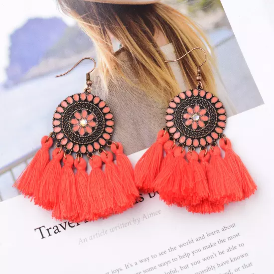 Fashion Women Bohemian Earrings Long Tassel Fringe Drop Dangle Ear Stud Jewelry