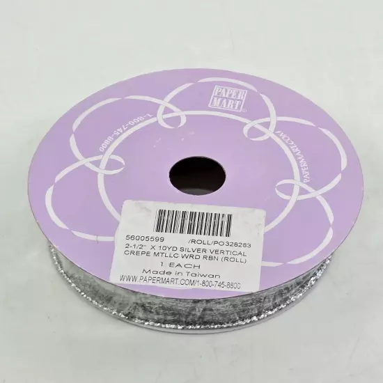 NEW Paper Mart Crepe Metallic Silver Ribbon, 10 Yards, 2.5" Wide 56005599 Craft