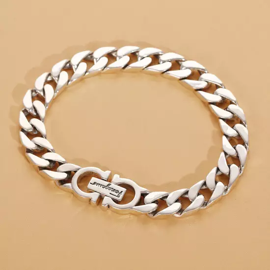 8MM Real 925 Sterling Silver Cuban Link Bracelet Men Retro Hip Hop Tank Bracelet