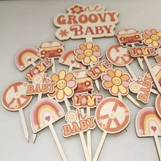 One GROOVY BABY Cake Cupcake Topper Baby Shower Birthday 25 Pc. Boho Hippie