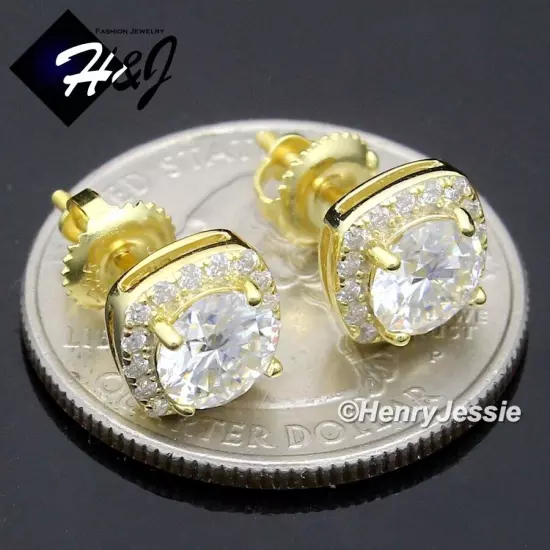 MEN 925 STERLING SILVER ICY MOISSANITE 8MM GOLD PLATED SQUARE STUD EARRING*ME265