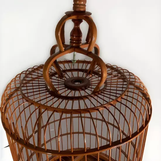 Vintage Bamboo & Teak Bird Cage 17" Curved Asian Chinoiserie Double Loop