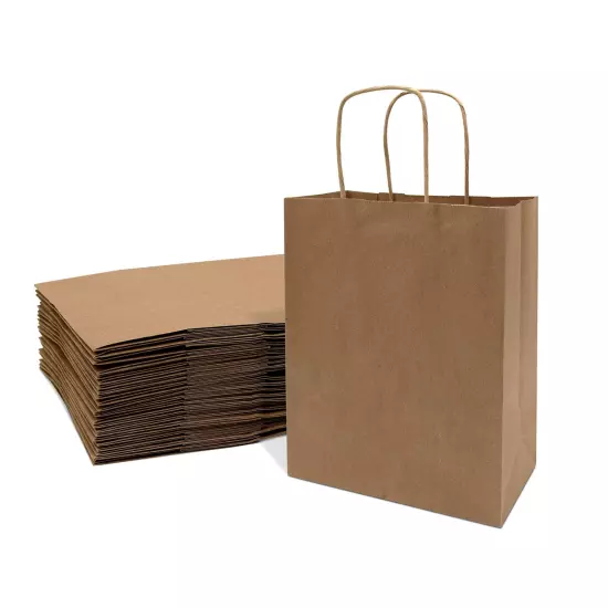 Brown Kraft Gift Bags 8x4x10 - Pack of 25 with Handles for Retail, Boutiques,...