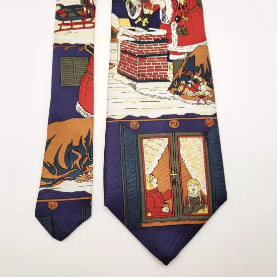 Mark Pendleton CHRISTMAS SANTA on Roof w Toys Blue Vintage POLYESTER Necktie